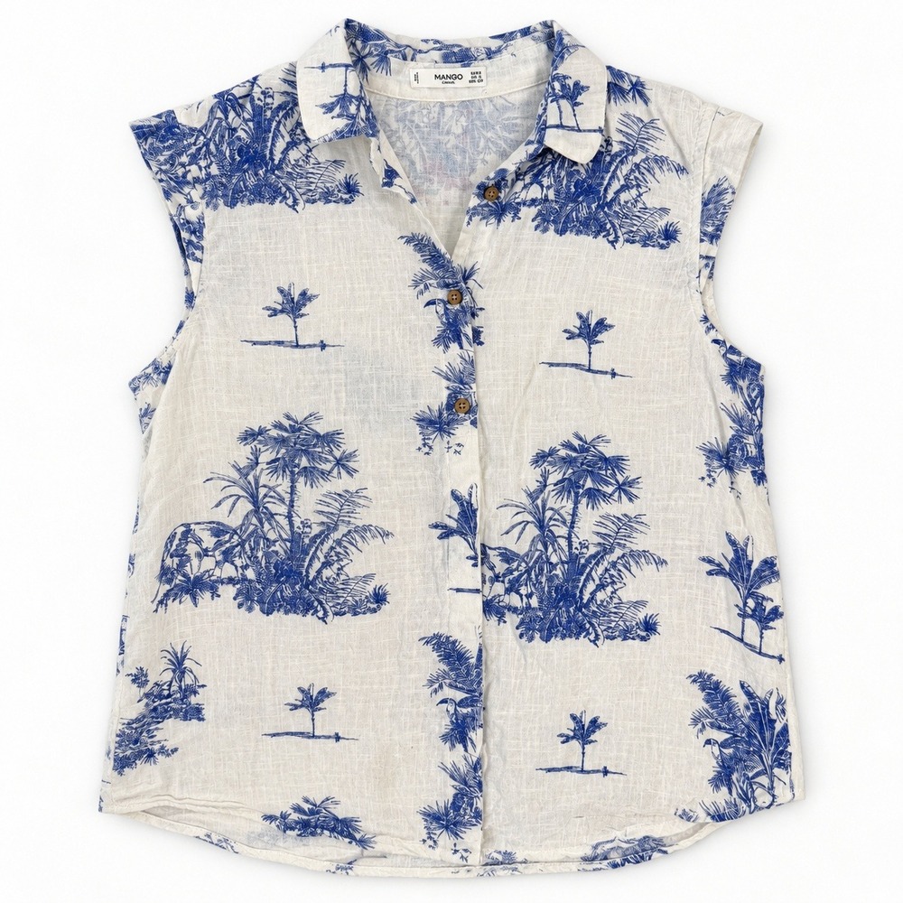 Toile de Jouy Mango Womens XS White Blue Tropical Shirt Romantic Coquette